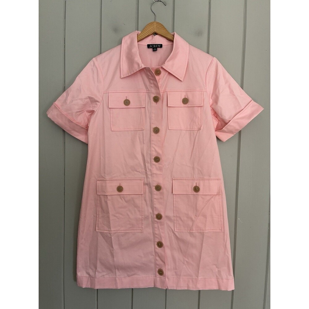 J. Crew Pink Short Sleeve Shirt Dress 10 Pockets Button Up Pink BY836 Collar